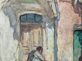 painting of a woman sitting on the ground in front of a building
