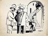 cartoon drawing of two men standing in front of a building with a dog