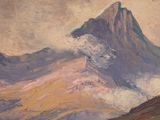 a painting of a mountain with a sky in the background