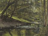 un tableau représentant un ruisseau traversant une forêt