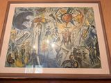 painting of a group of people in a room with a wooden wall