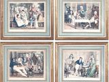 four framed pictures of a group of people sitting around a table