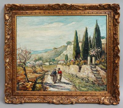 une peinture à l'huile représentant un homme à cheval sur un chemin de terre