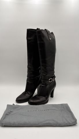 RALPH LAUREN : botte en cuir noir à talon, taille 40 avec dust ba...