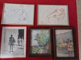 three framed pictures of a man riding a horse next to a red cloth