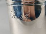 a silver cup with a woman ' s face in it