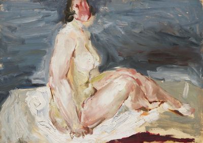une peinture à l'huile représentant une femme assise sur un lit, les jambes croisées