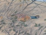a painting of a pheasant in a field of tall grass