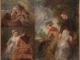two paintings of a woman and two children in a wooded setting