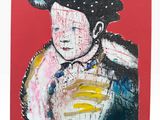 an image of a painting of a man with a hat on a red background