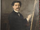 portrait of a man in a black suit holding a brush and a painting
