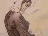 a painting of a woman sitting on a rock