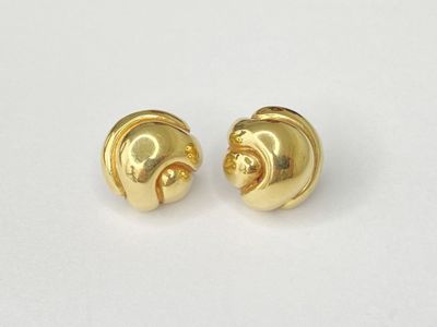 a pair of gold plated earrings on a white surface