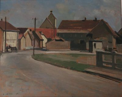 un tableau représentant une rue avec des maisons et une calèche