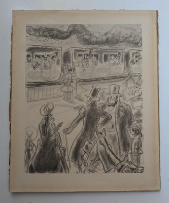 un vieux dessin représentant un train avec des passagers à bord et un homme coiffé d'un haut-de-forme