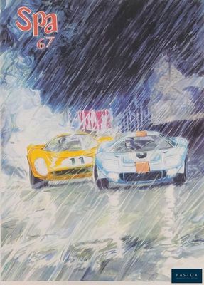 une image représentant un tableau où l'on voit deux voitures de course sous la pluie