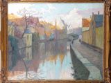 an oil painting of a canal with buildings and a bridge in the background