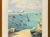 un tableau représentant des bateaux sur l'eau, près du rivage