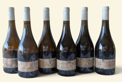 six bottles of wine are lined up in a row on a white surface