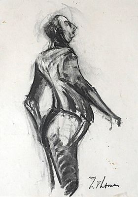 drawing of a woman in a black and white dress sitting on a chair