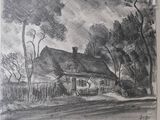 pencil drawing of a house with a thatched roof in a wooded area