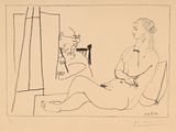 dessin représentant une femme assise devant un miroir, avec un chat sur les genoux