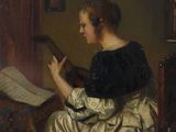 tableau représentant une femme assise sur une chaise en train de jouer d'un instrument de musique