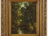 a painting of a wooded landscape with a river in the foreground