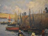 a painting of a group of people on the water