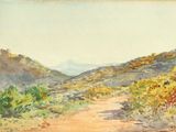 an image of a painting of a dirt road in the mountains