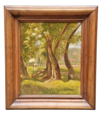 une peinture à l'huile représentant des arbres dans une zone boisée