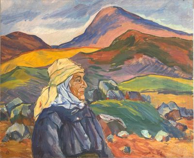 an oil painting of a woman standing in a field with mountains in the background