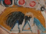 une peinture à l'huile représentant un tableau représentant un coq posé sur une table