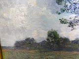 a painting of a field with trees in the background