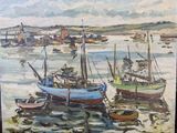 une peinture de bateaux dans l'eau sur la plage