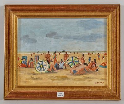 tableau représentant un groupe de personnes sur une plage avec des parasols