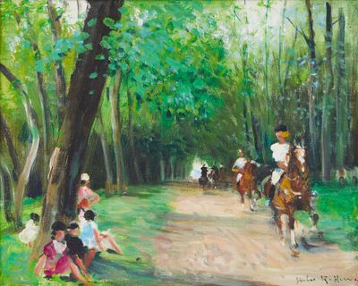 un tableau représentant un groupe de personnes à cheval dans les bois