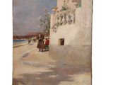 une peinture à l'huile représentant une scène de rue avec des passants marchant sur le trottoir