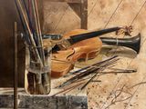 un tableau représentant un violon et d'autres instruments de musique posés sur une table