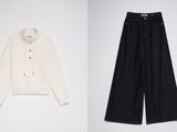 two photos of a pair of black pants and a white sweater