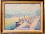 une peinture à l'huile représentant une scène de port avec des bateaux sur l'eau