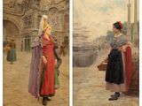 two paintings of a woman in a red dress and a woman in a blue dress