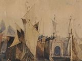 a painting of a harbor scene with boats in the water