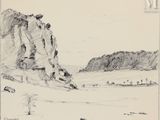 dessin représentant un paysage avec une montagne au loin et une personne à cheval au premier plan