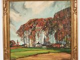 an oil painting of a field with trees and a house in the distance