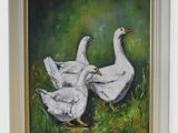 painting of three white ducks in a grassy field with a green background