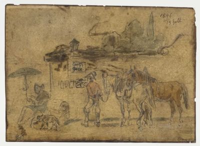 dessin représentant un groupe de personnes et de chevaux devant un bâtiment
