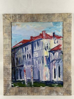 a picture of a painting of a building on the wall
