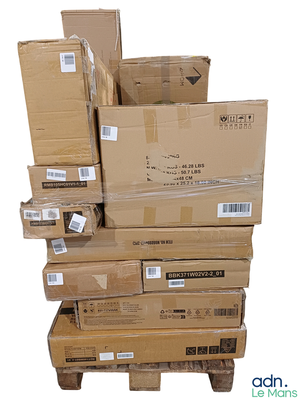 many boxes stacked on top of each other on a pallet