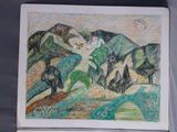 drawing of a landscape with trees and a house in the distance